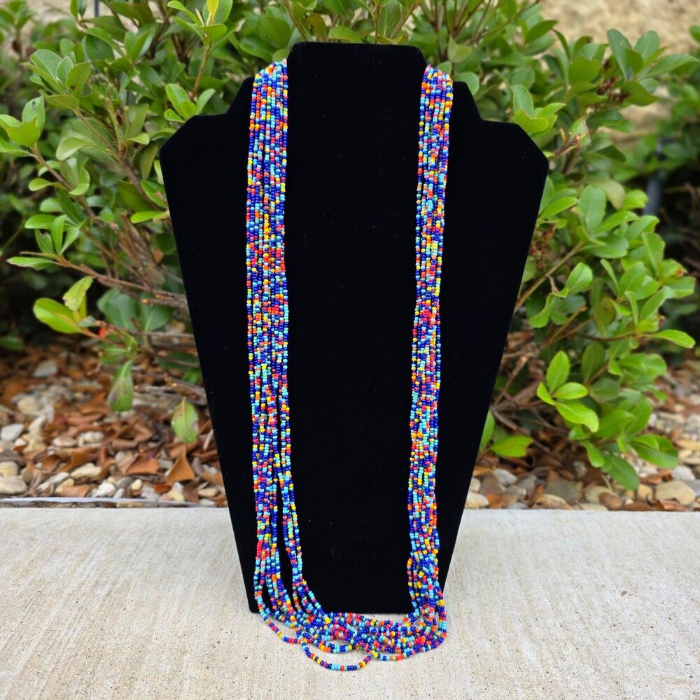 Hand Beaded Multi Strand Necklace - Rainbow Seed Bead - Native, African, Unique